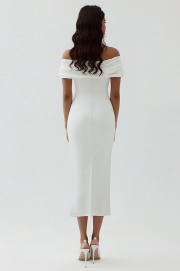 White Sheath Off the Shoulder Matte Satin Asymmetrical Graduation Dress